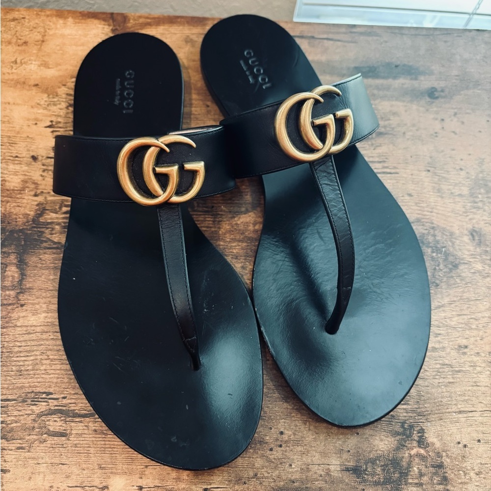 Gucci GG Marmont Leather Thong Sandals • Black • Size 39 - Picture 3 of 8